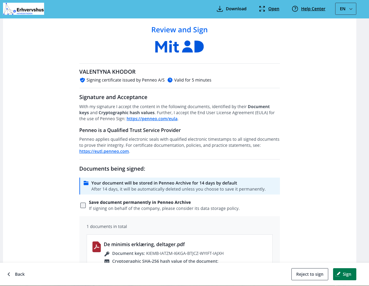 «Review and Sign» screen with «Sign» button